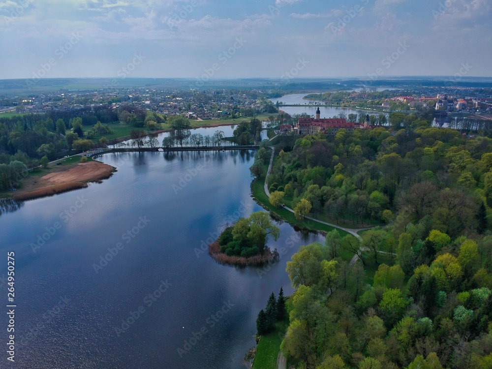 Aerial view of castle and park in Nesvizh, Minsk Region, Belarus