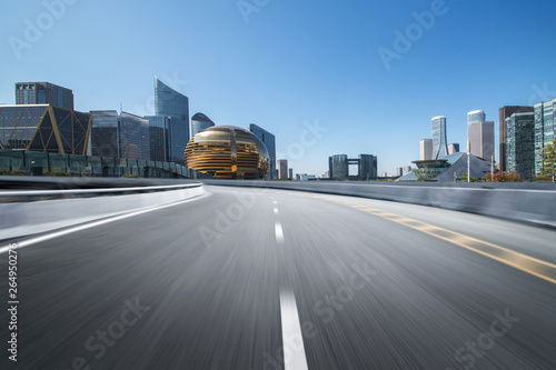 Empty road floor surface with modern city landmark buildings of hangzhou bund Skyline zhejiang china