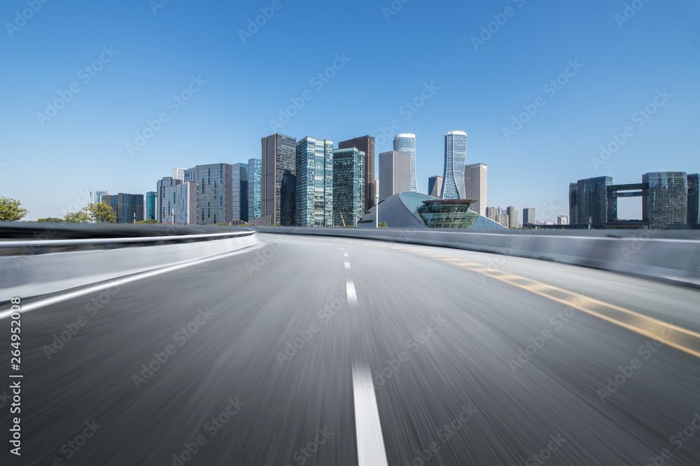 Empty road floor surface with modern city landmark buildings of hangzhou bund Skyline,zhejiang,china