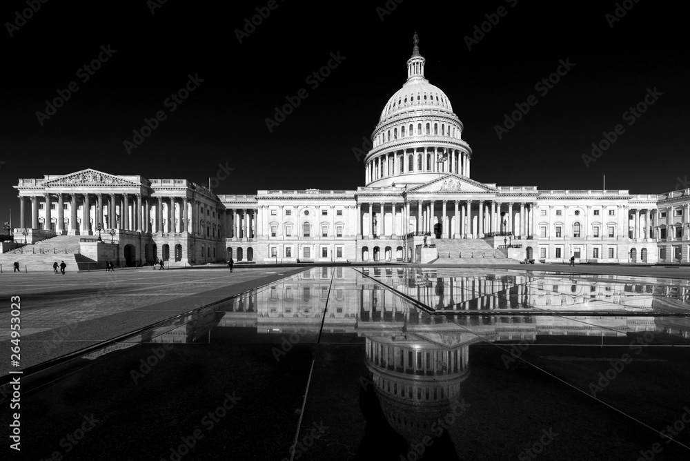 Panoramic view of Capitol Building with reflection in the morning in black and white, Washington DC