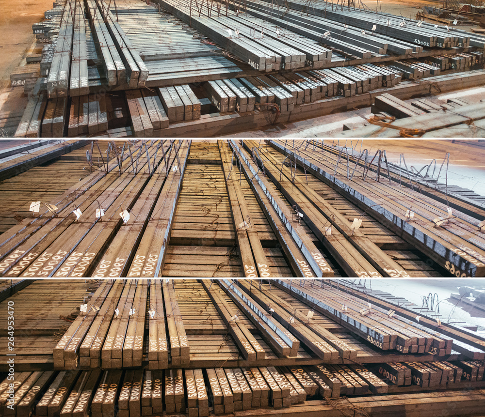 Warehouse metal blank. Electroplating plant for the metal. Collage of pictures.