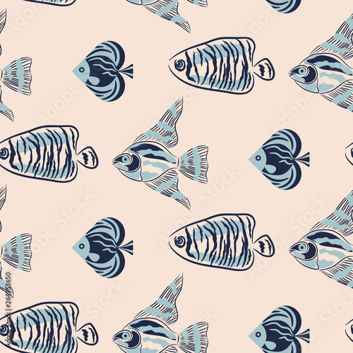 Seamless vector pattern with handdrawn fish design for textile.