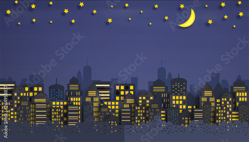 Cityscape with Group of Skyscrapers in the night. And the panorama view and Template for tourism and Journey. And a paper cut style and illustration or background