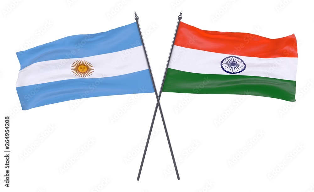 Argentina and India, two crossed flags isolated on white background. 3d image