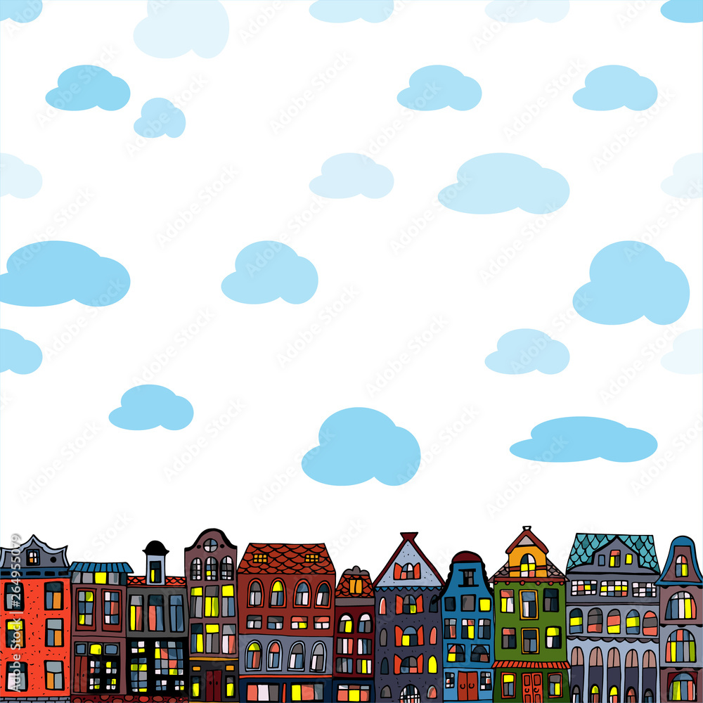 Set Amsterdam old houses cartoon facades. Traditional architecture of Netherlands. Colorful vector illustrations in the Dutch style.