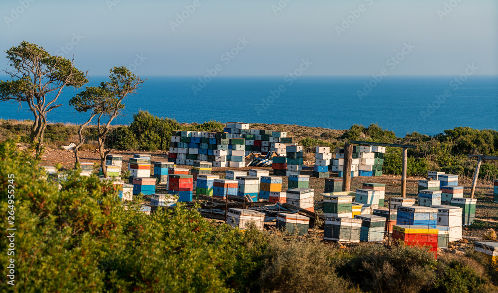 mediterranean beehives in front of the ocean, Kefalonia Greece