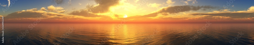 beautiful panorama of the sea sunset, the sun among the clouds above the ocean surface