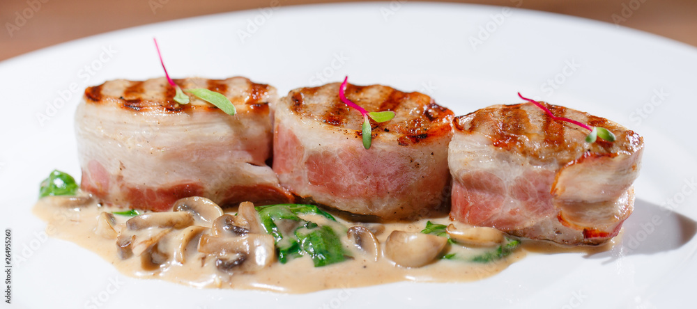 Fried meat with mushroom sauce. Fried meat with mushroom sauce.