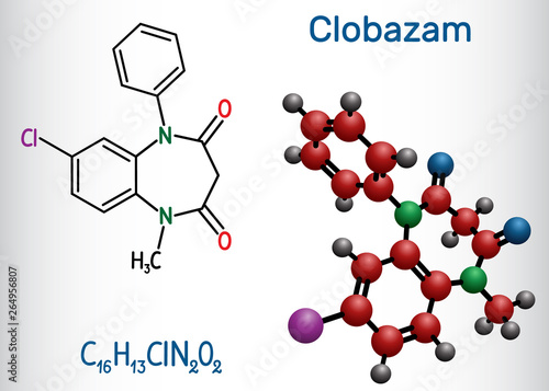 Clobazam molecule. Structural chemical formula and molecule model