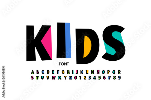Kids style font design, playful alphabet letters and numbers