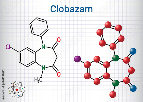 Clobazam molecule. Structural chemical formula and molecule model. Sheet of paper in a cage