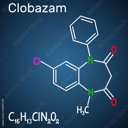 Clobazam molecule. Structural chemical formula and molecule model on the dark blue background
