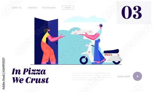 Pizza Delivery Service. Courier Bringing Pizza Order to Customer by Scooter and Give to Smiling Woman, Shipping, Transportation Website Landing Page, Web Page. Cartoon Flat Vector Illustration, Banner