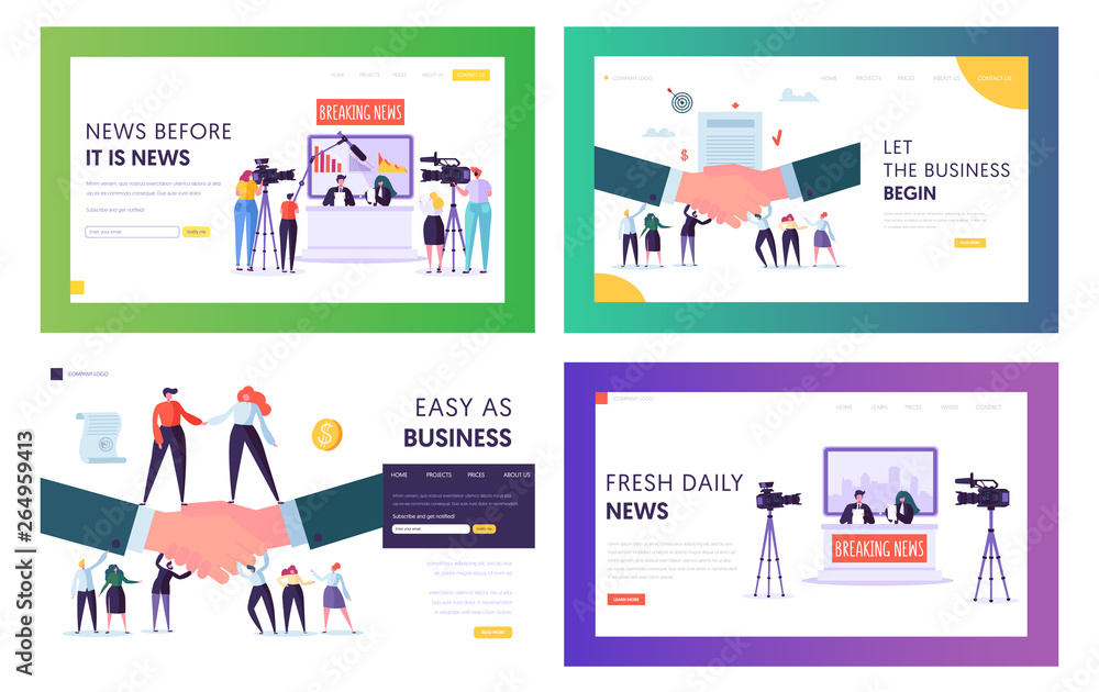 Broadcasting News and Business Agreement Website Landing Page Templates Set, Television Presenters, Video Shooting Crew in Studio, Handshaking People Web Page, Cartoon Flat Vector Illustration, Banner