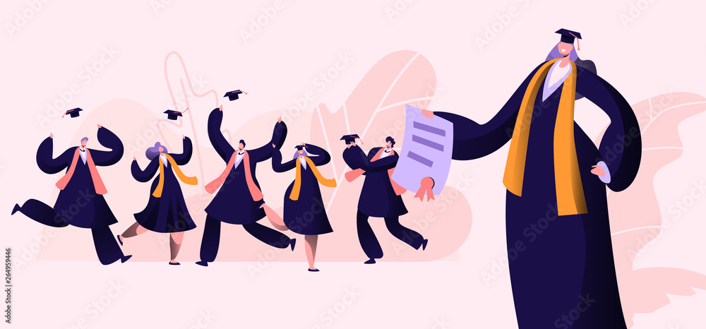 Obraz Group of Male and Female Characters in Graduation Gowns and Caps Rejoice, Jumping and Cheering Up Happy to Get Diploma Certificate and Finish University Education. Cartoon Flat Vector Illustration