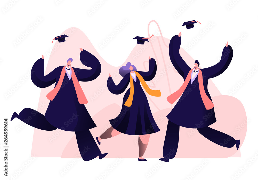 Group of Male and Female Characters in Graduation Gowns and Caps Rejoice, Jumping and Cheering Up Happy to Get Diploma Certificate and Finish University Education. Cartoon Flat Vector Illustration Group of Male and Female Characters in Graduation Gowns and Caps Rejoice, Jumping and Cheering Up Happy to Get Diploma Certificate and Finish University Education. Cartoon Flat Vector Illustration