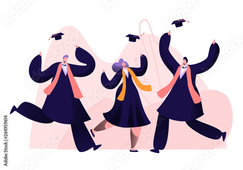 Group of Male and Female Characters in Graduation Gowns and Caps Rejoice, Jumping and Cheering Up Happy to Get Diploma Certificate and Finish University Education. Cartoon Flat Vector Illustration