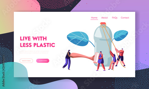 People Characters Use Plastic Packaging for Usual Life. Water Bottle, Shaving Machine. No Plastic Packs, Stop Global Warming Website Landing Page, Web Page. Cartoon Flat Vector Illustration, Banner