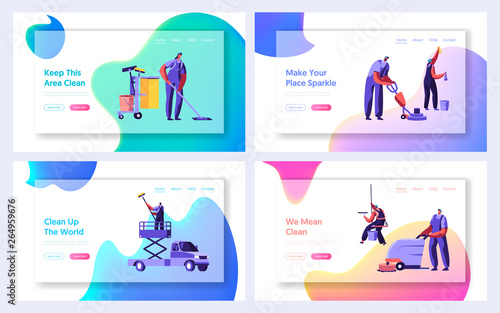 Cleaning Service Website Landing Page Templates Set. Service of Professional Cleaners at Work Mopping, Vacuuming and Sweeping Floor in Office or Home Web Page. Cartoon Flat Vector Illustration, Banner