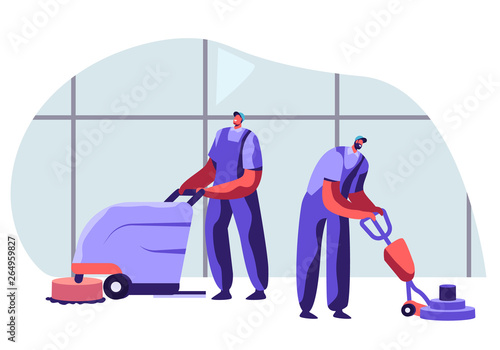 Cleaning Company Staff Male Characters in Uniform Working with Equipment and Friendly Smiling, Professional Janitor Workers Vacuuming and Polishing Floor in Office. Cartoon Flat Vector Illustration