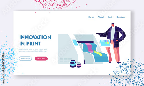 Printshop or Printing Service Center with Man Work with Widescreen Offset Inkjet Printer. Electronic Equipment, Advertising Website Landing Page, Web Page. Cartoon Flat Vector Illustration, Banner