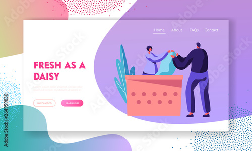 Female Character Laundry Worker Giving to Male Client Bag with Clean Clothes on Reception. Dry Cleaning Service. Laundrette Website Landing Page, Web Page. Cartoon Flat Vector Illustration, Banner