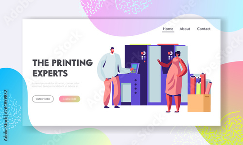 Man and Woman Work in Printing House or Advertising Agency Chatting near Typography Equipment. Designer Produce Press Material. Website Landing Page, Web Page. Cartoon Flat Vector Illustration, Banner