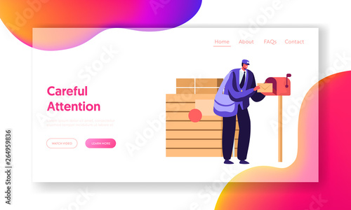 Postman Wearing Uniform and Cap with Bag on Shoulder Putting Letter in Mail Box. Faceless Male Character Post Office Employee Website Landing Page, Web Page. Cartoon Flat Vector Illustration, Banner