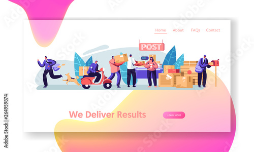 Post Office Service. People Send Letters and Parcels. Postmen Deliver Mail and Packages to Customers. Mail Delivery, Postage. Website Landing Page, Web Page. Cartoon Flat Vector Illustration, Banner