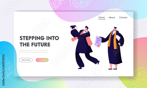 College or University Graduating Student Character Happily Celebrate Finish of Education. Teacher Giving Diploma to Scholar. Website Landing Page, Web Page. Cartoon Flat Vector Illustration, Banner