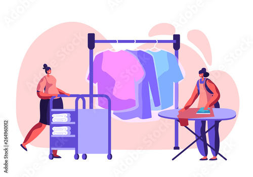 Female Characters Employees of Professional Cleaning Service Working Process Ironing Clean Clothes, Push Trolley with Clothing in Public or Hotel Laundry, Laundrette. Cartoon Flat Vector Illustration