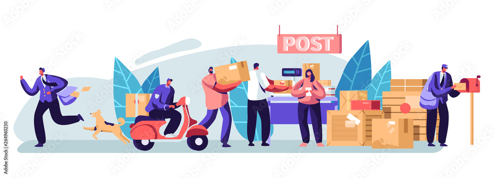 People in Post Office Send Letters and Parcels. Postmen Deliver Mail and  Packages to Customers. Mail Delivery Service, Postage Transportation.  Profession, Occupation. Cartoon Flat Vector Illustration Stock Vector |  Adobe Stock