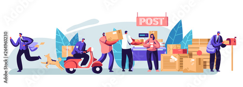 People in Post Office Send Letters and Parcels. Postmen Deliver Mail and Packages to Customers. Mail Delivery Service, Postage Transportation. Profession, Occupation. Cartoon Flat Vector Illustration