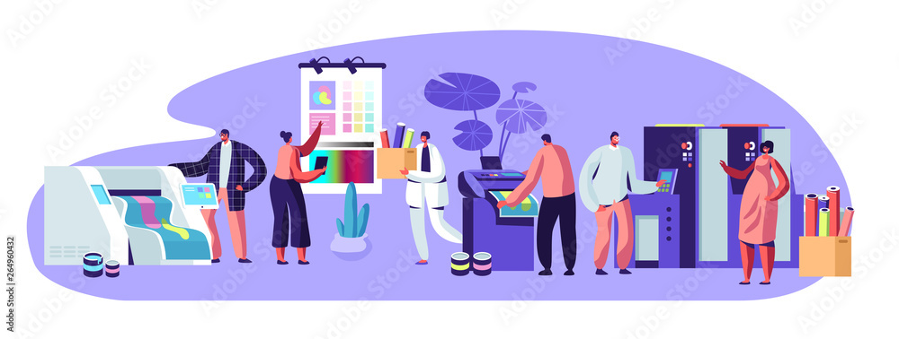 Printing House Advertising Agency, Polygraphy Industry Composition with Human Characters. Customers, Designers, Workers Producing Colorful Press Consumable Ad Material Cartoon Flat Vector Illustration