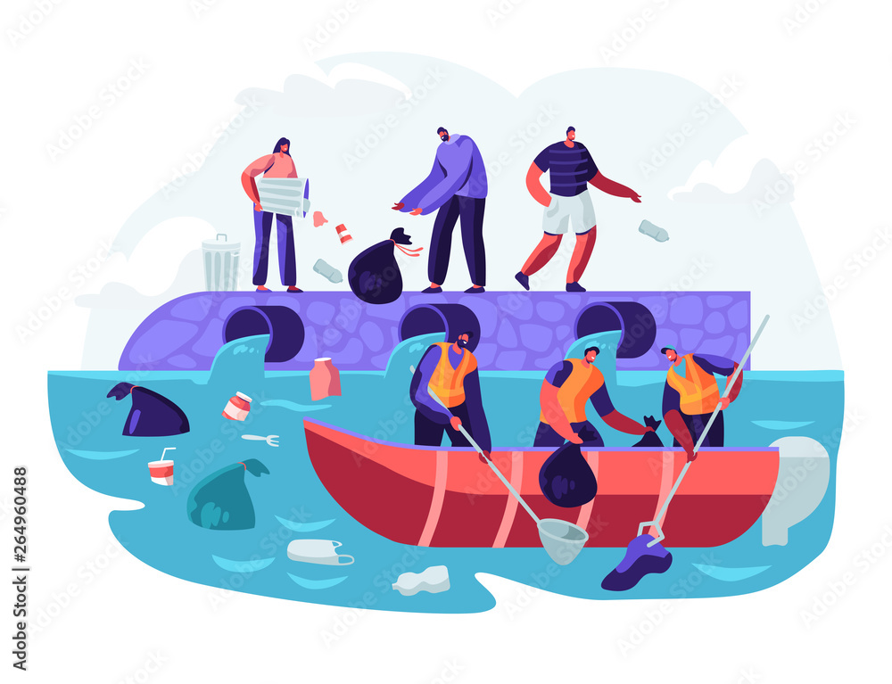 Water Plastic Pollution. People Throw Garbage to River, Workers on Boat