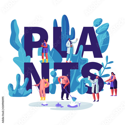 Male and Female Characters Growing and Caring of Plants Concept. Scientists, Gardening People Learn Plants Properties for Human Life. Poster, Banner, Flyer, Brochure. Cartoon Flat Vector Illustration