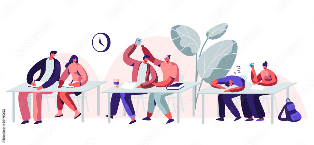 Students Sitting at Desks Visiting Lecture in University. Male and Female Characters Learning. Communicating, Sleeping on Seminar. Higher Education, Gaining Knowledge. Cartoon Flat Vector Illustration