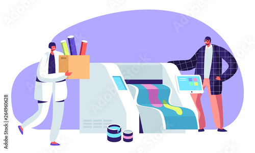 Printshop or Printing Service Center with Man and Woman Working with Widescreen Offset Inkjet Printer. Industrial Polygraphy Electronic Equipment. Advertising Agency Cartoon Flat Vector Illustration