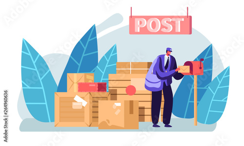 Postman Wearing Uniform and Cap with Bag on Shoulder Putting Letter in Mail Box. Faceless Male Character Post Office Employee Stand near Parcel Boxes in Warehouse. Cartoon Flat Vector Illustration