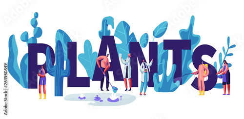 Scientists, Gardening People Learn Plants Properties for Human Life. Male and Female Characters Growing and Caring of Plants Concept. Poster, Banner, Flyer, Brochure. Cartoon Flat Vector Illustration