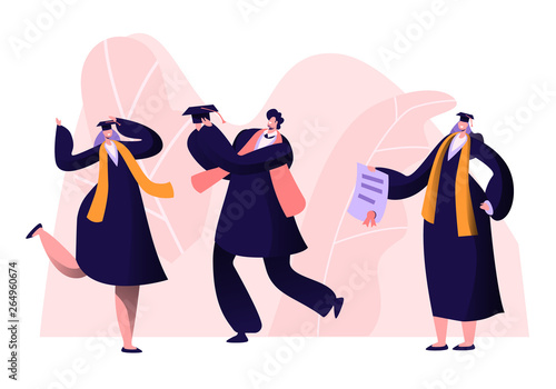 Male and Female Alumnus Graduating University, College or School. Cheerful People In Academical Cap and Gown Rejoice, Professor Show Diploma Certificate to Graduates. Cartoon Flat Vector Illustration