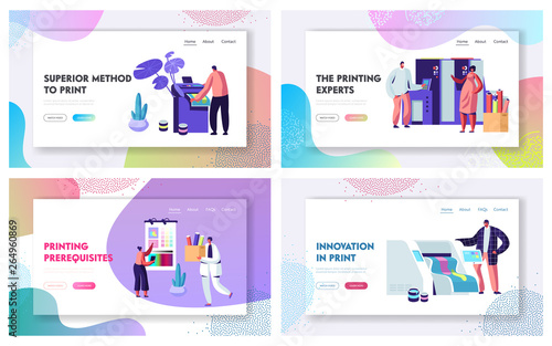 Printing House Advertising Agency Website Landing Page Templates Set, Polygraphy Industry, Typography. Customers, Designers Produce Press Ad Material Web Page. Cartoon Flat Vector Illustration, Banner
