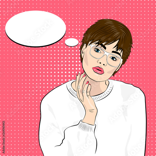 Pop art cute fashion woman with bubble sign.