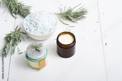 spa products with lavender leaves