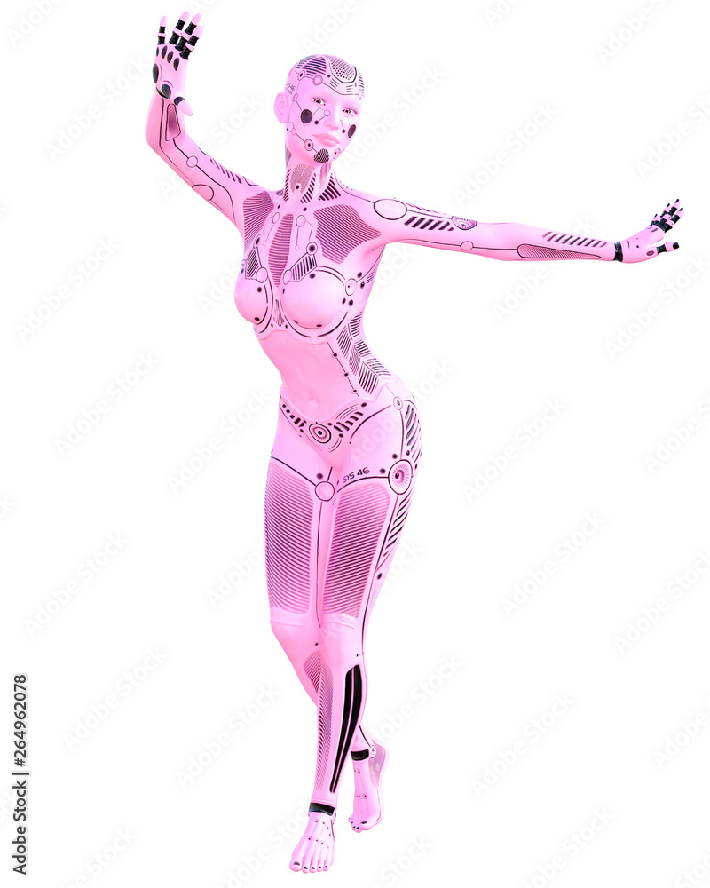Dance gymnast robot woman. Metal pink droid.Artificial Intelligence.Conceptual fashion art.Realistic 3D render illustration.Studio, isolate, high key. Dance gymnast robot woman. Metal pink droid.Artificial Intelligence.Conceptual fashion art.Realistic 3D render illustration.Studio, isolate, high key.