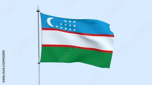Flag of the country   Uzbekistan  flutters against the blue sky. 3D rendering