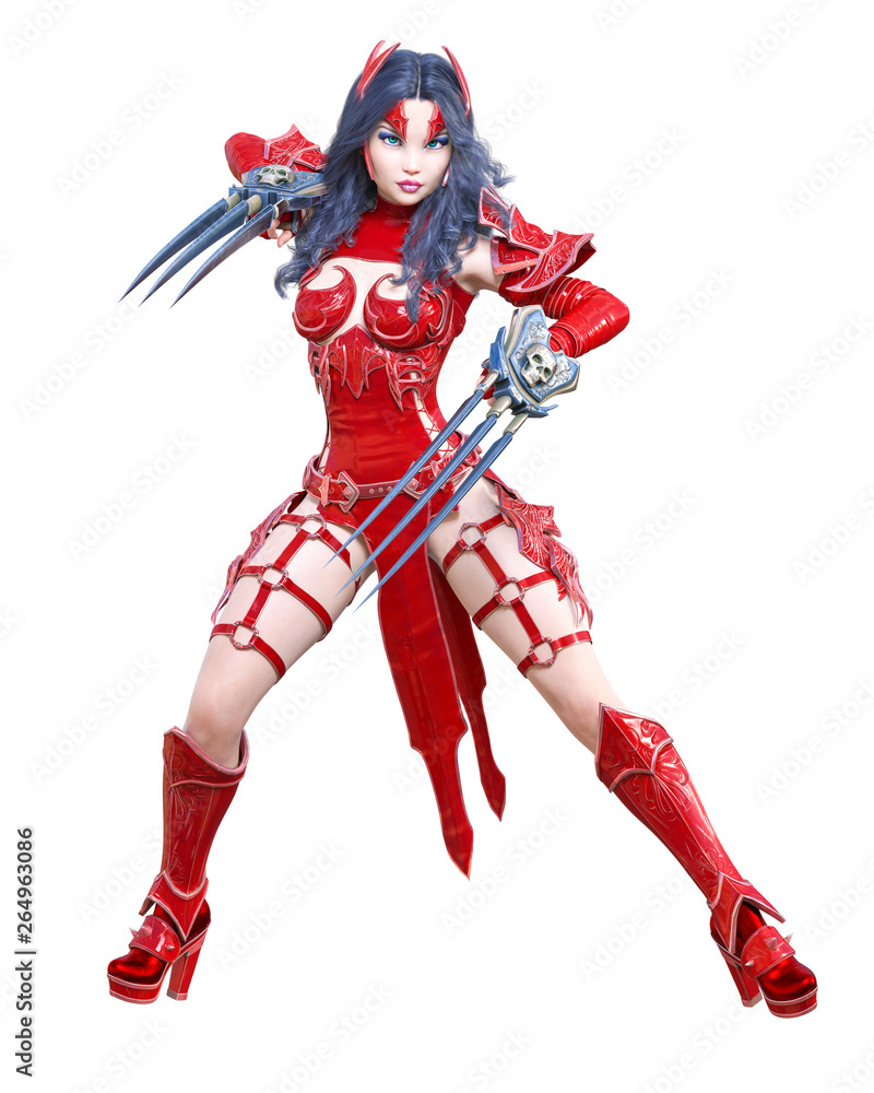 Warrior amazon woman sword and metal blade.Long dark hair.Elven warrior.Comic hero.Muscular athletic body.Girl standing aggressive pose.Conceptual fashion art.3D rendering isolate illustration Warrior amazon woman sword and metal blade.Long dark hair.Elven warrior.Comic hero.Muscular athletic body.Girl standing aggressive pose.Conceptual fashion art.3D rendering isolate illustration