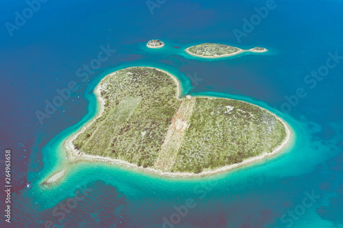 Aerial view of heart shaped island of Galesnjak in Zadar archipelago. Dalmatia region of Croatia.