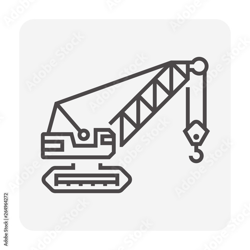 Crawler crane or derrick crane vector icon design. Machinery equipment or vehicle consist of lattice boom, track wheel and hook for work in building construction site to lift, transport heavy load.