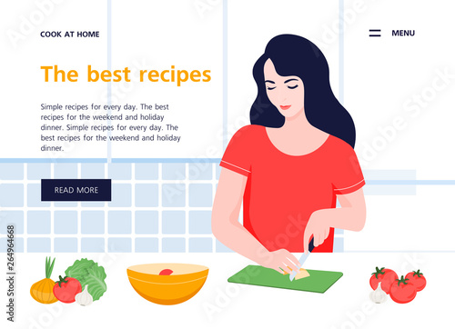 The girl prepares healthy food in the kitchen. Website template about cooking and healthy eating. Vector flat illustration